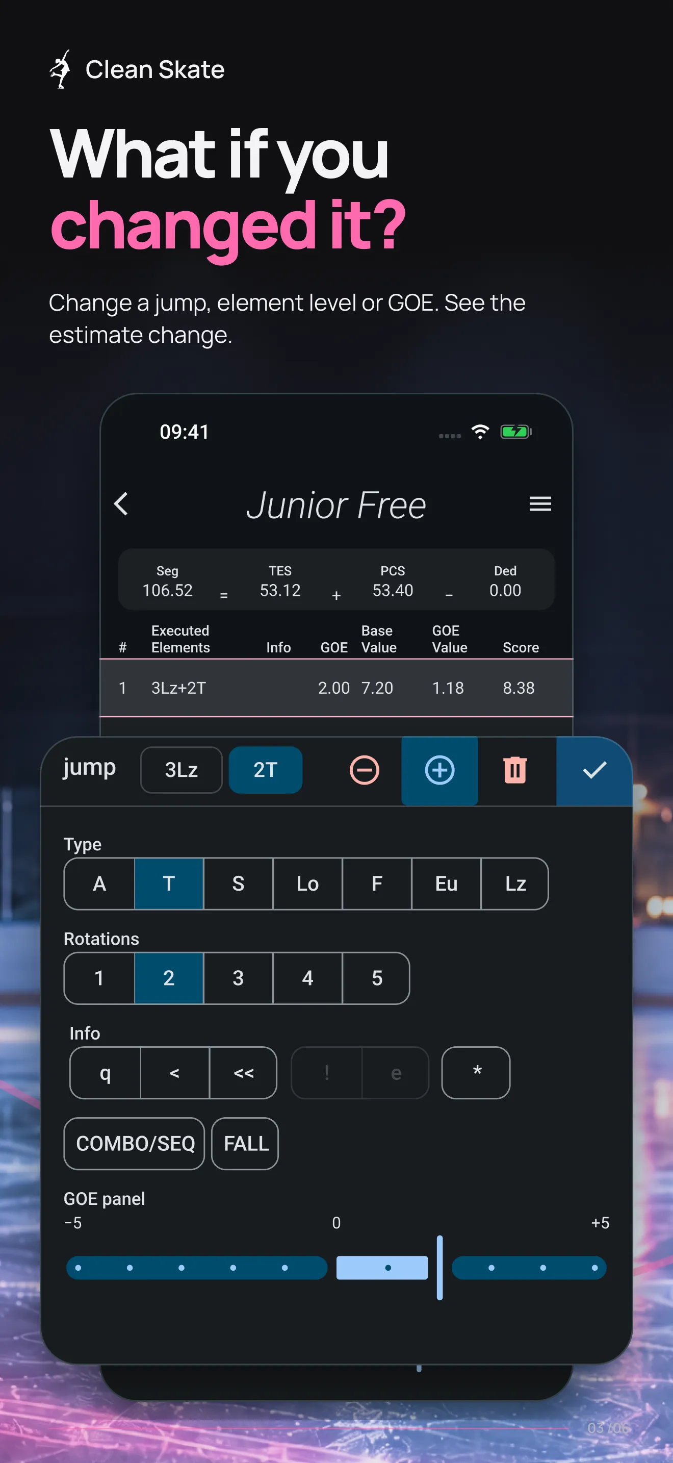 The element editor, with jump choices, rotations and GOE marks.